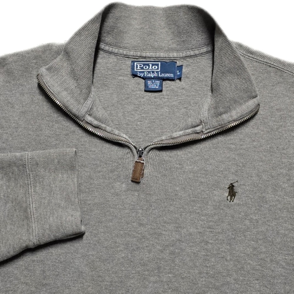 VTG Polo Ralph Lauren Ribbed Quarter Zip Pullover Sweater Mens L‎ Gray Brown